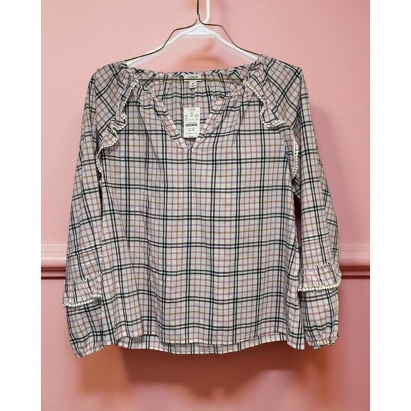 J.Crew Tops - J.Crew Plaid Long-Sleeve Blouse With Ruffle Details Size M Cotton Blend Womens C